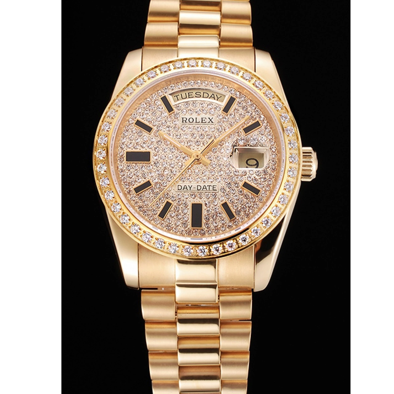 Aaa replica watch Pave And Day Case Bezel Date Bracelet Swiss Diamond Rolex Dial Gold And 0726